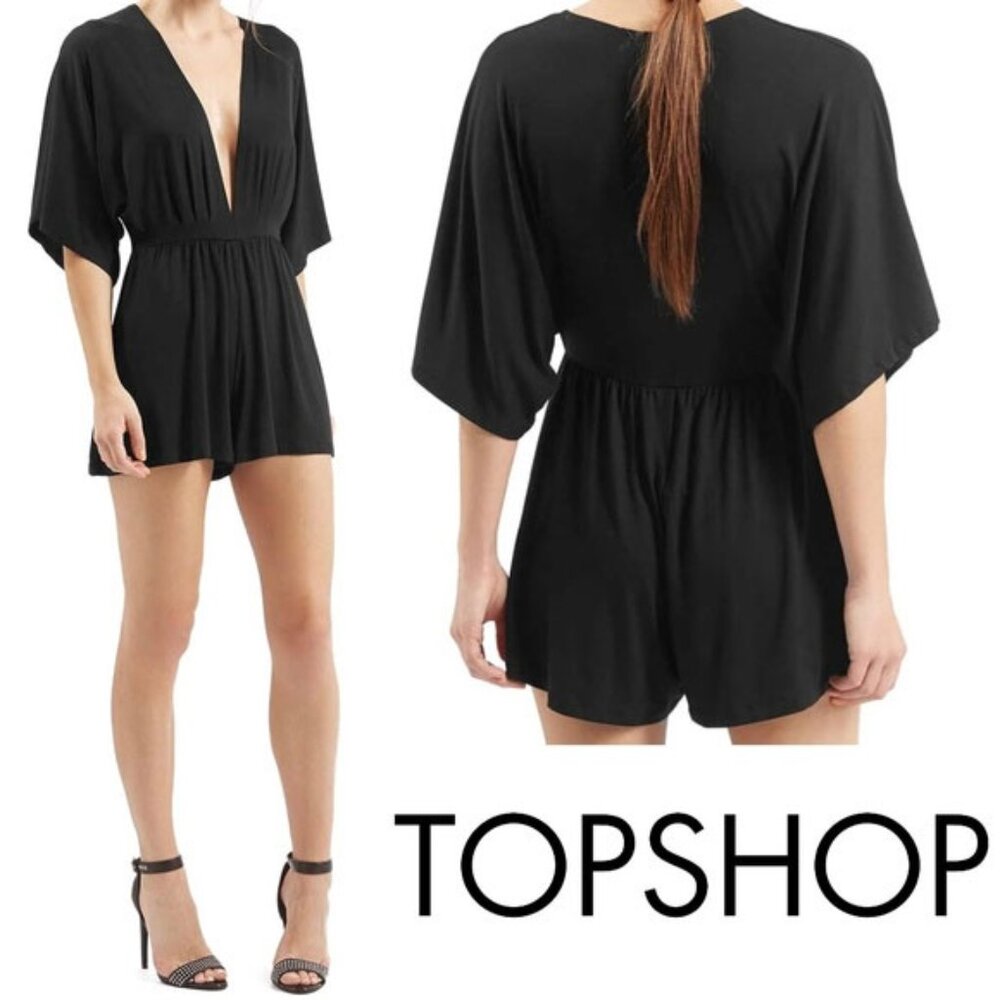 Topshop Plunge V-Neck Kimono Sleeve Jersey Romper 8 Black 14P01JBLK